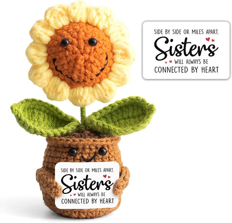 Veryhomy Valentines Sister Gifts from Sister - Positive Sunflower Crochet - Side by Side Or Miles Apart Sisters Emotional Support Crochet - Birthday, Graduation, Long Distance Gifts for Women, Soul Sisters - Image 1